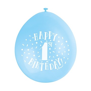 Happy 1st Birthday 9" Latex Air Fill Balloon - Blue Assorted Colours, Printed 1 Side - 10ct.