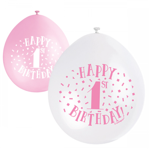 Happy 1st Birthday 9" Latex Air Fill Balloon -Pink Assortment, Printed 1 Side - 10ct.