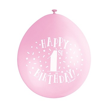 Happy 1st Birthday 9" Latex Air Fill Balloon -Pink Assortment, Printed 1 Side - 10ct.