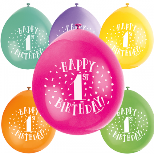 Happy 1st Birthday 9" Latex Air Fill Balloon - Assorted Colours, Printed 1 Side - 10ct.