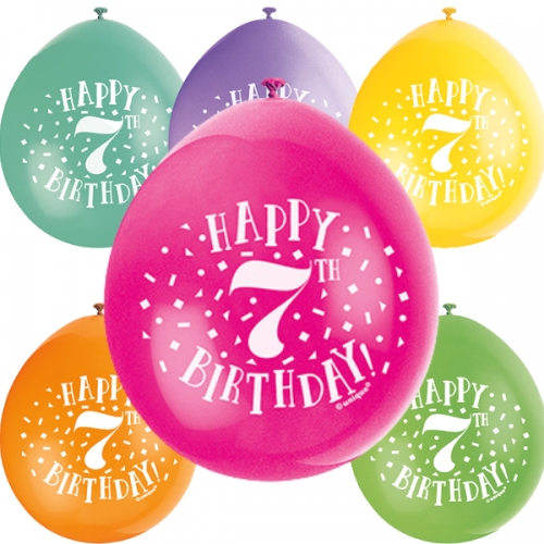 Happy 7th Birthday 9" Latex Air Fill Balloon - Assorted Colours, Printed 1 Side - 10ct.