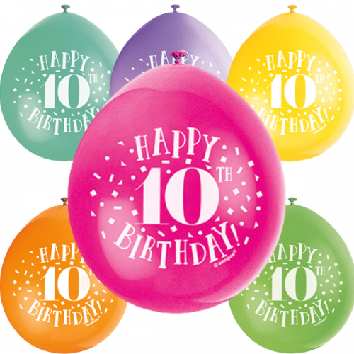 Happy 10th Birthday 9" Latex Air Fill Balloon - Assorted Colours, Printed 1 Side - 10ct.