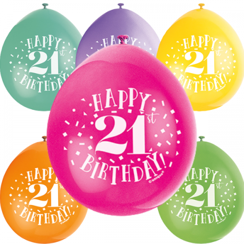 Happy 21st Birthday 9" Latex Air Fill Balloon - Assorted Colours, Printed 1 Side - 10ct.