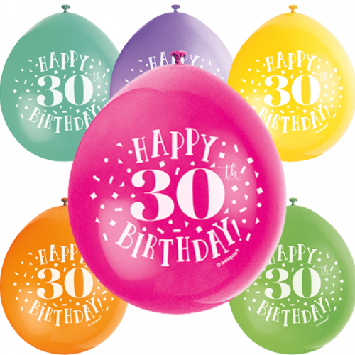 Happy 30th Birthday 9" Latex Air Fill Balloon - Assorted Colours, Printed 1 Side - 10ct.