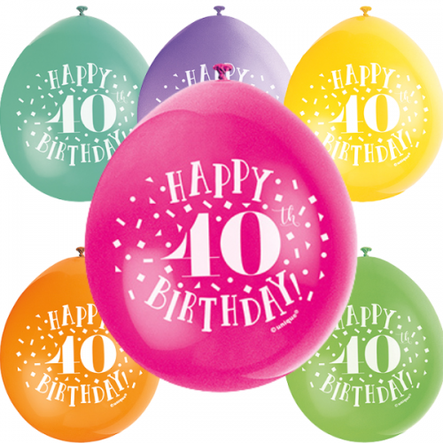 Happy 40th Birthday 9" Latex Air Fill Balloon - Assorted Colours, Printed 1 Side - 10ct.