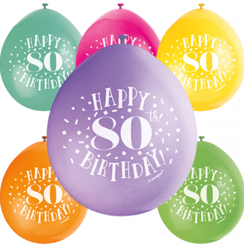 Happy 80th Birthday 9" Latex Air Fill Balloon - Assorted Colours, Printed 1 Side - 10ct.