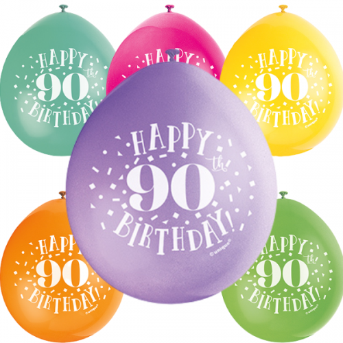 Happy 90th Birthday 9" Latex Air Fill Balloon - Assorted Colours, Printed 1 Side - 10ct.