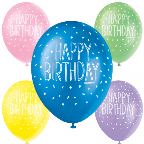 Happy Birthday  5CT 12" Helium Fill Latex Balloon- Pearlized Assorted Colours, Printed All Around - 5ct