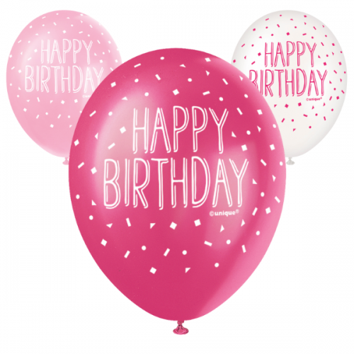 Happy Birthday Pink Assortment  5CT 12" Helium Fill Latex Balloon- Pearlized Assorted Colours, Printed All Around - 5ct