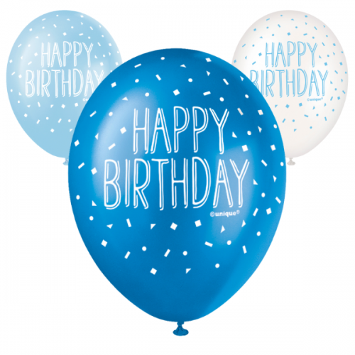 Happy Birthday Blue Assortment  5CT 12" Helium Fill Latex Balloon- Pearlized Assorted Colours, Printed All Around - 5ct