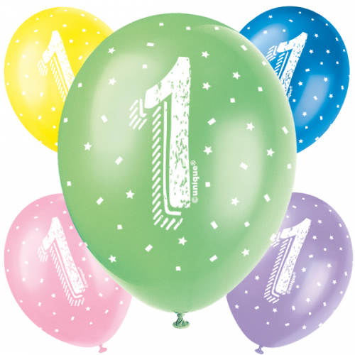 Age 1 5CT 12" Helium Fill Latex Balloon- Pearlized Assorted Colours, Printed All Around - 5ct