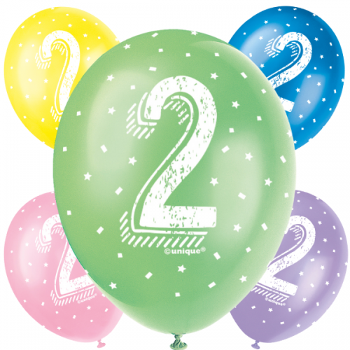  Age 2 5CT 12" Helium Fill Latex Balloon- Pearlized Assorted Colours, Printed All Around - 5ct