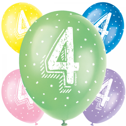 Age 4  5CT 12" Helium Fill Latex Balloon- Pearlized Assorted Colours, Printed All Around - 5ct