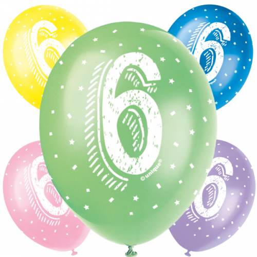 Age 6  5CT 12" Helium Fill Latex Balloon- Pearlized Assorted Colours, Printed All Around - 5ct