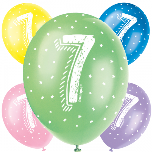  Age 7 5CT 12" Helium Fill Latex Balloon- Pearlized Assorted Colours, Printed All Around - 5ct