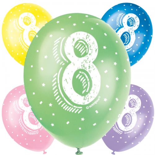 Age 8  5CT 12" Helium Fill Latex Balloon- Pearlized Assorted Colours, Printed All Around - 5ct