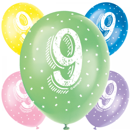 Age 9  5CT 12" Helium Fill Latex Balloon- Pearlized Assorted Colours, Printed All Around - 5ct