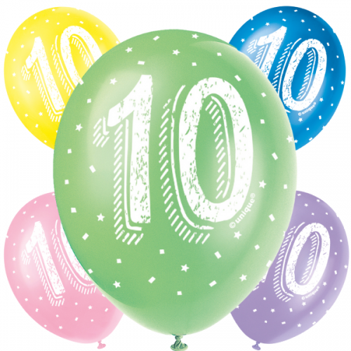 Age 10  5CT 12" Helium Fill Latex Balloon- Pearlized Assorted Colours, Printed All Around - 5ct