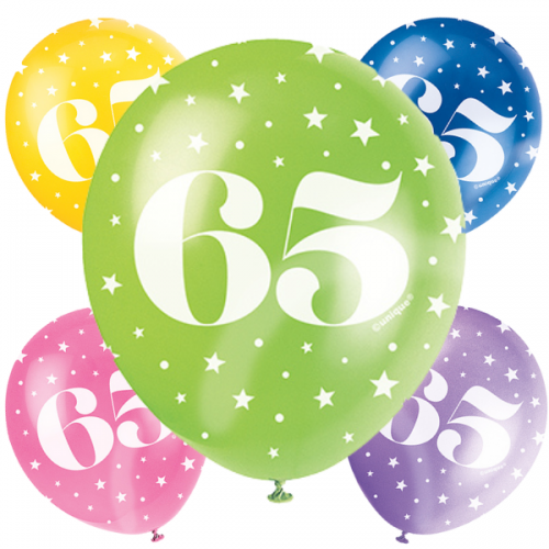 Age 65  5CT 12" Helium Fill Latex Balloon- Pearlized Assorted Colours, Printed All Around - 5ct