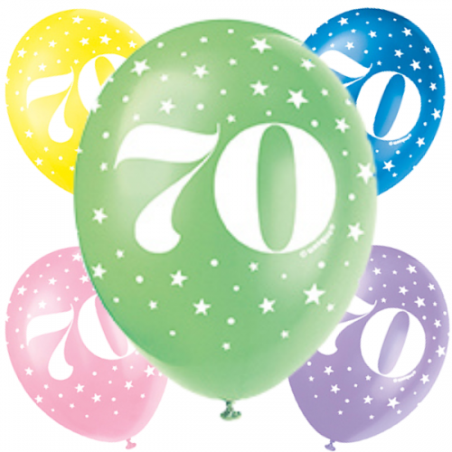 Age 70  5CT 12" Helium Fill Latex Balloon- Pearlized Assorted Colours, Printed All Around - 5ct