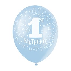1st Birthday 5CT 12" Helium Fill Latex Balloon- Pearlized Blue Colour, Printed All Around