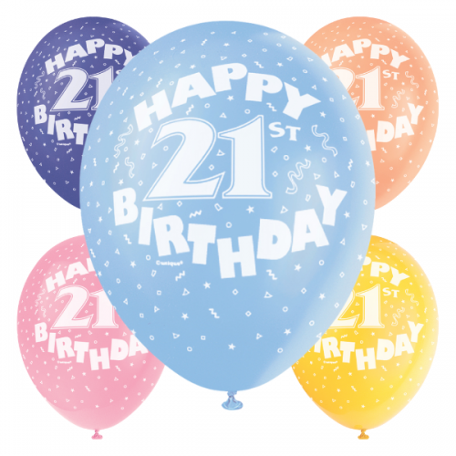 Happy 21st 12"  Latex Helium Fill Balloon - Pearlized Assorted Colours, Printed All Around - 5ct