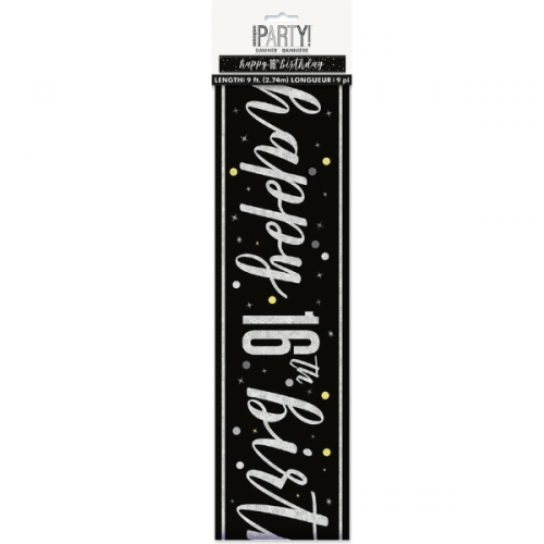 Black/Silver Glitz Age 16 Happy Birthday Foil Banner 9ft