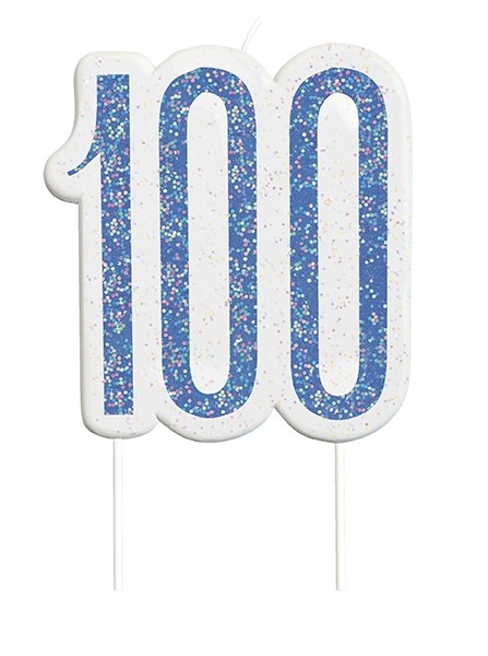 Blue/Silver Glitz Age 100 Glitter Birthday Candle