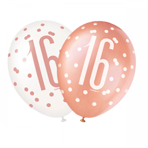 Rose Gold Glitz 12" Age 16 Latex Balloons 6ct