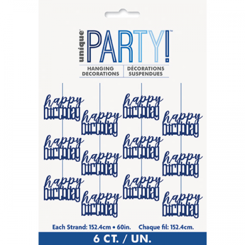 Blue/Silver Glitz Foil Happy Birthday Hanging Swirl Decorations 60"L 6ct