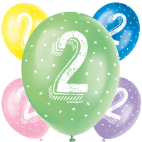  Age 2 5CT 12" Helium Fill Latex Balloon- Pearlized Assorted Colours, Printed All Around - 5ct