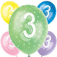 Age 3 5CT 12" Helium Fill Latex Balloon- Pearlized Assorted Colours, Printed All Around - 5ct