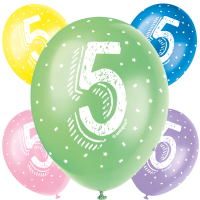  Age 5 5CT 12" Helium Fill Latex Balloon- Pearlized Assorted Colours, Printed All Around - 5ct