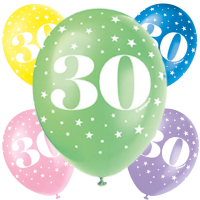 Age 30  5CT 12" Helium Fill Latex Balloon- Pearlized Assorted Colours, Printed All Around - 5ct