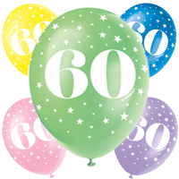 Age 60  5CT 12" Helium Fill Latex Balloon- Pearlized Assorted Colours, Printed All Around - 5ct