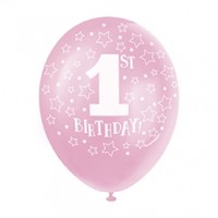 1st Birthday 5CT 12" Helium Fill Latex Balloon- Pearlized Pink Colour, Printed All Around