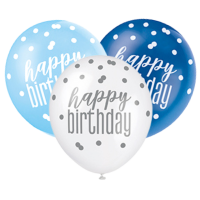 Blue/Silver Glitz 12" Happy Birthday Latex Balloons 6ct