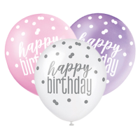 Pink/Silver Glitz 12" Happy Birthday Latex Balloons 6ct