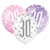 Pink/Silver Glitz 12" Age 30 Latex Balloons 6ct