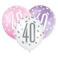 Pink/Silver Glitz 12" Age 40 Latex Balloons 6ct