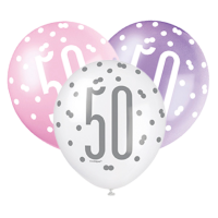 Pink/Silver Glitz 12" Age 50 Latex Balloons 6ct