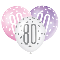 Pink/Silver Glitz 12" Age 80 Latex Balloons 6ct